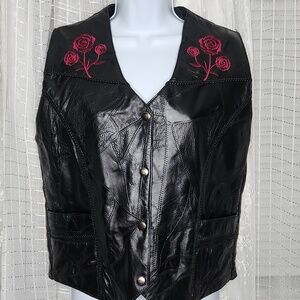 BLACK EMBROIDERED Pink ROSES BUFFALO LEATHER WOMENS Biker VEST SzS